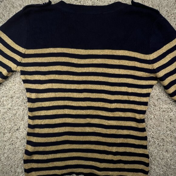 Lauren Ralph Lauren Women’s Sweater Large Navy Blue Gold Striped Shiny Pullover - Picture 12 of 12